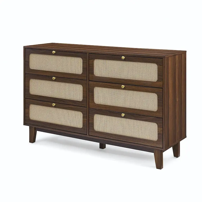 Modern Rattan Solid Wood Dresser with 6 Drawers for Bedroom