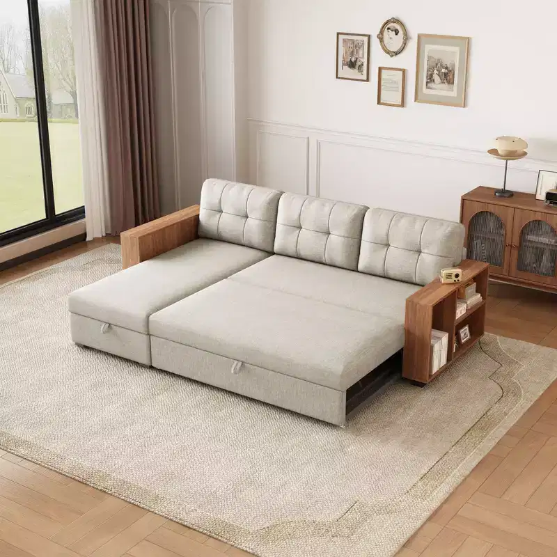 GDFStudio Leila Multi-Functional 84 Linen Upholstered Twin Size Storage Sectional Sofa Bed with Bultied in Shelves