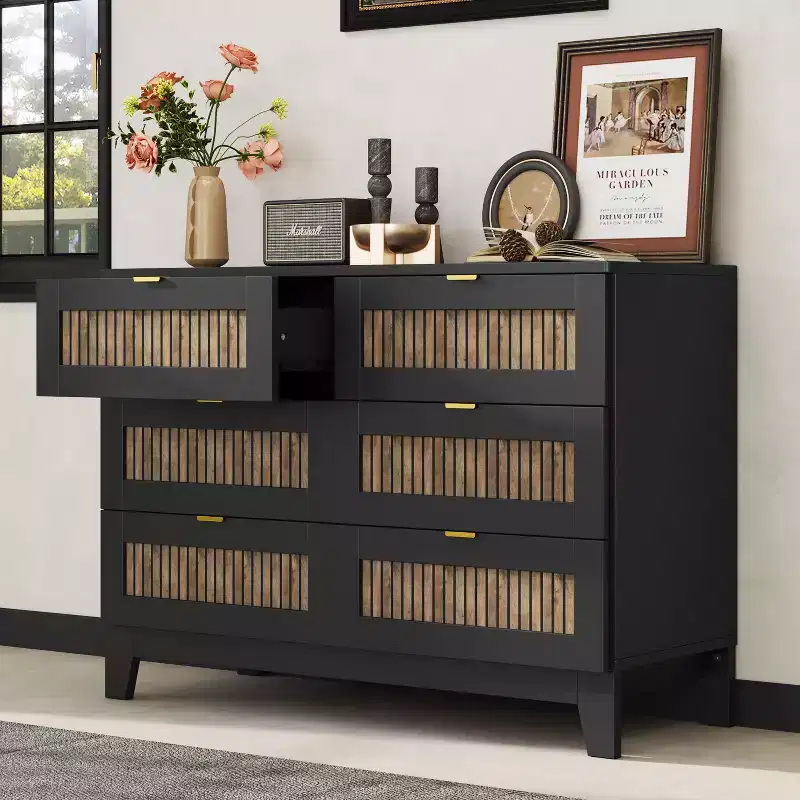 Okak 6-Drawer Farmhouse Style Dresser Wooden Cabinet with Metal Handles, 47.24 Wide Storage for Bedroom, Easy Assembly