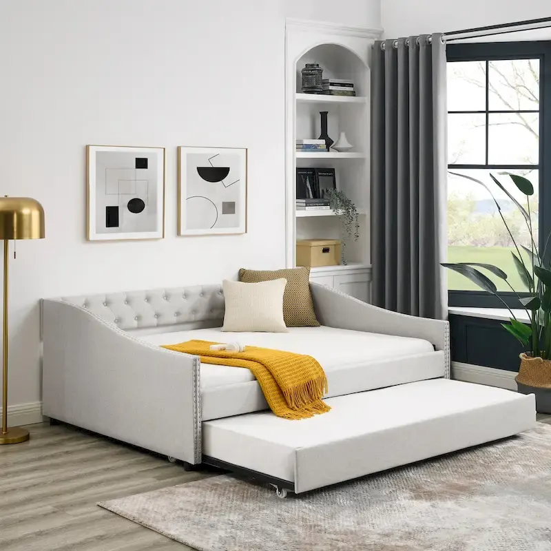 Upholstered Daybed Frame with Trundle & Tufted Backrest