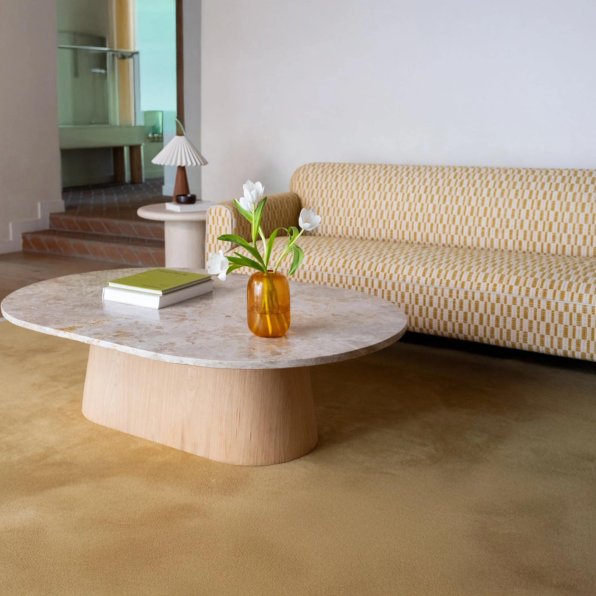 Contemporary Marble & Oak Coffee Table with Capsule-Shaped Oval Top & Flared Pedestal for Living Room