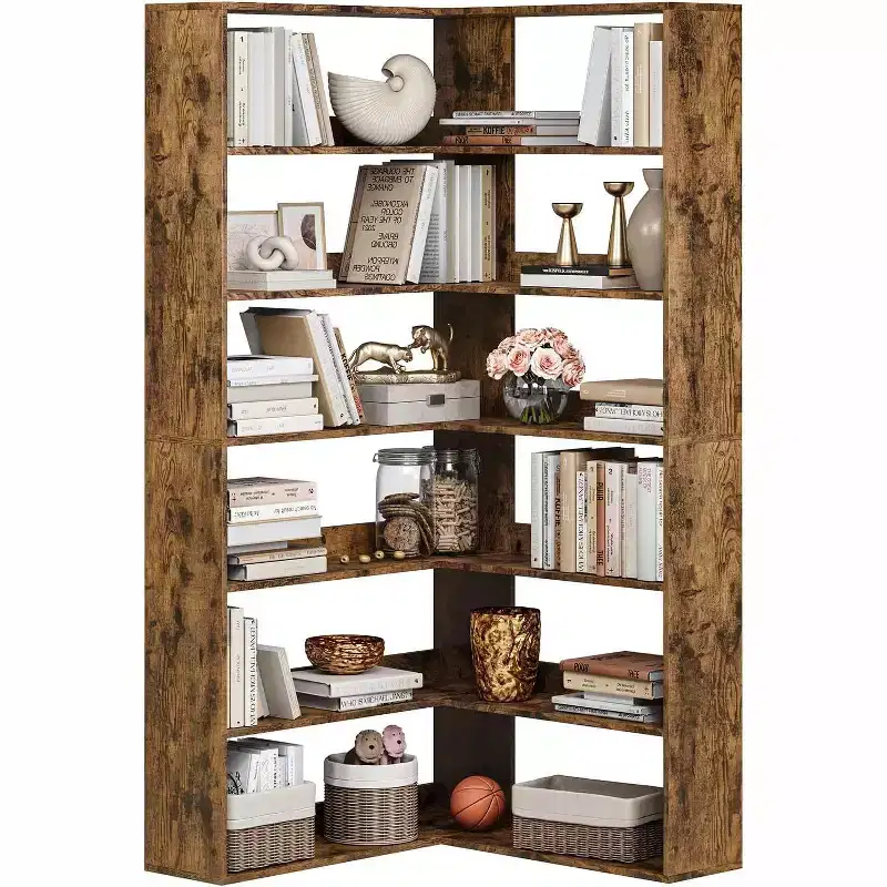 Garvee 6-Tier Corner Bookshelf,L-Shaped Bookshelf with Baffles, Wood Display Shelf Heavy Duty Bookcases for Home Office