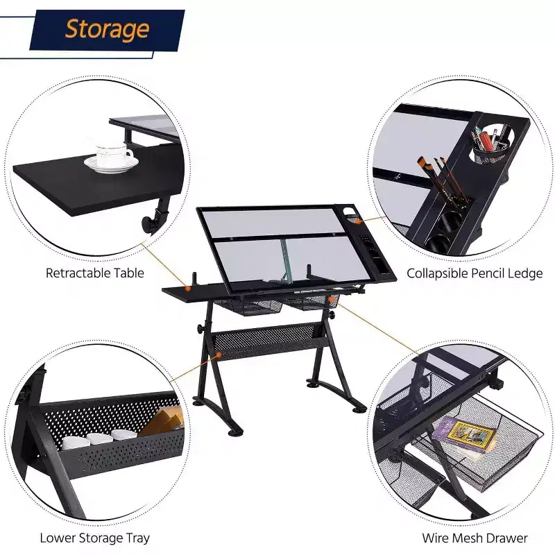 Professional Adjustable Height Art Desk Folding Drawing Table with Tiltable Surface Storage Drawers for Painting Drafting Crafting Sewing