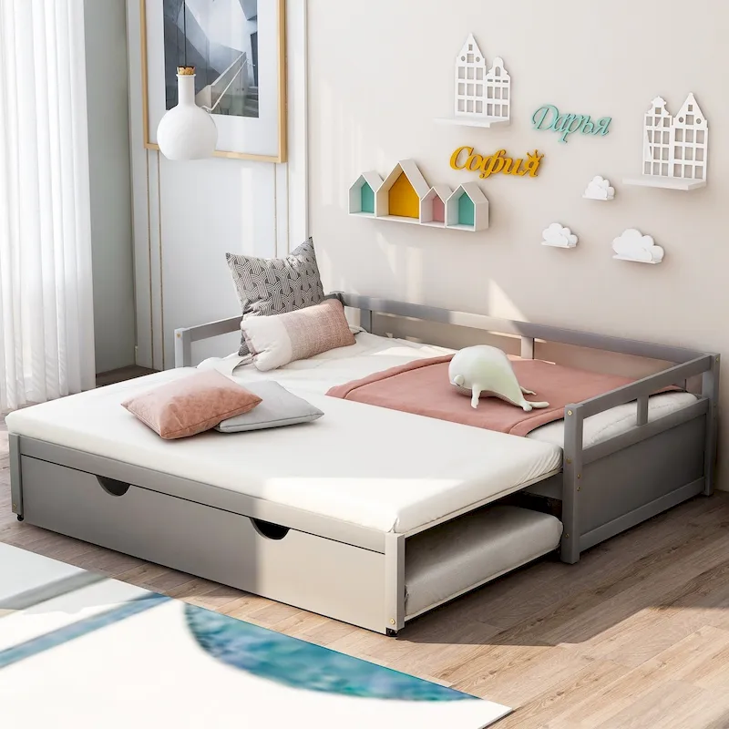 Twin Pine Wood Daybed with Pull-Out Trundle & Slat Kit, No Box Spring Needed, Gray, 275 lbs