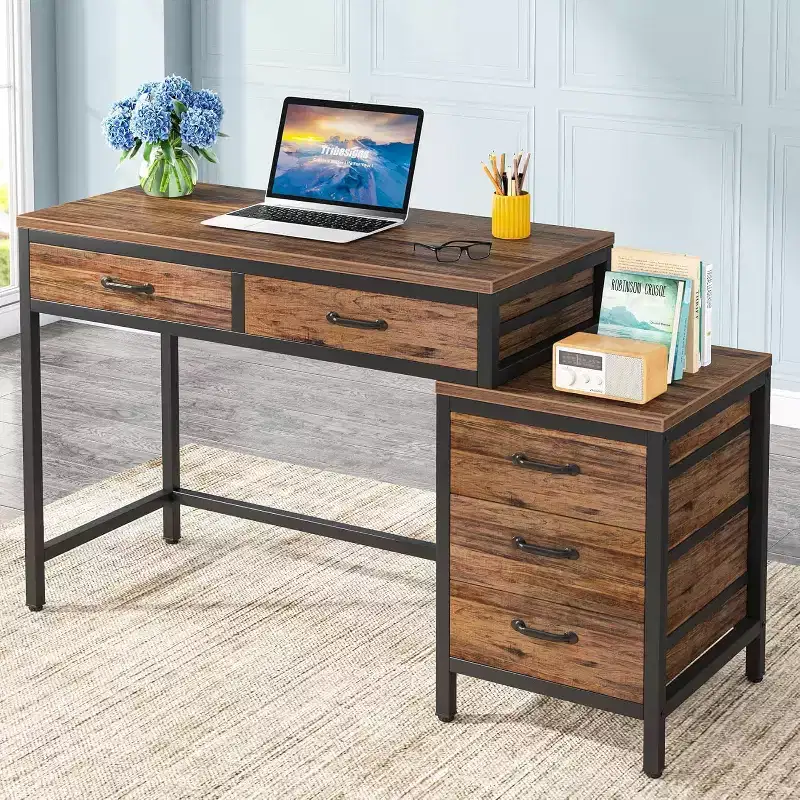 Lantine 39 Inch Computer Desk with 5 Drawers, Rustic Brown Industrial Style, Home Office Writing Table with Storage for Small Spaces.