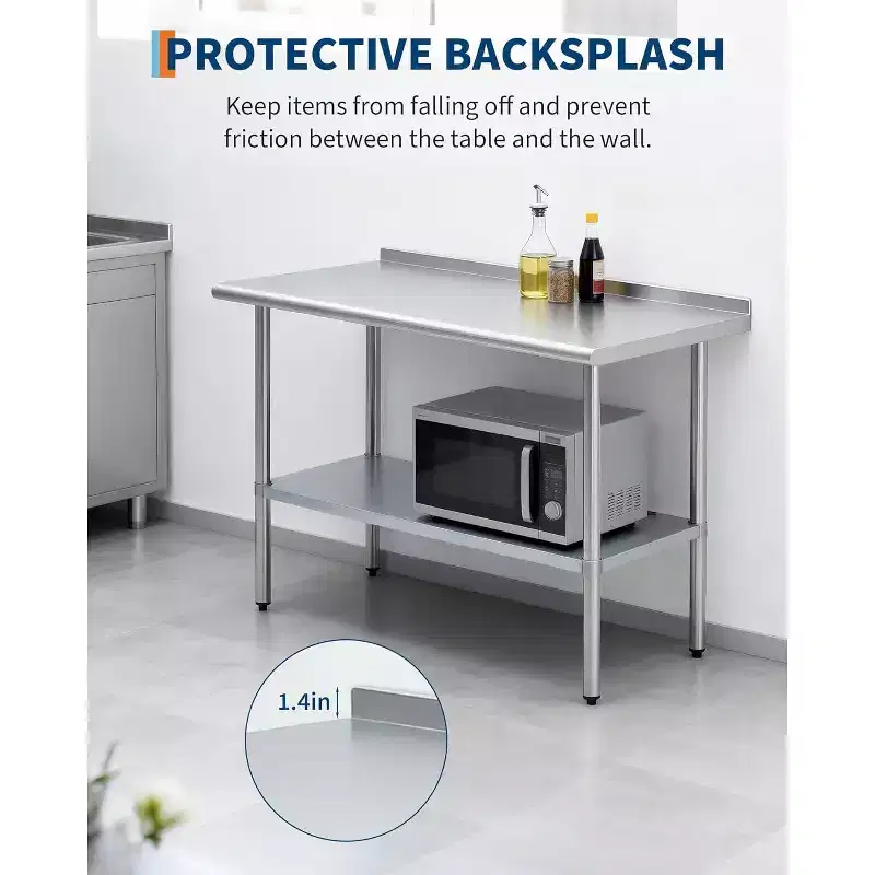 Stainless Steel Prep Table 24x48in, Commercial Kitchen Worktable with Backsplash and Adjustable Undershelf, Metal Food Prep Table for Restaurant