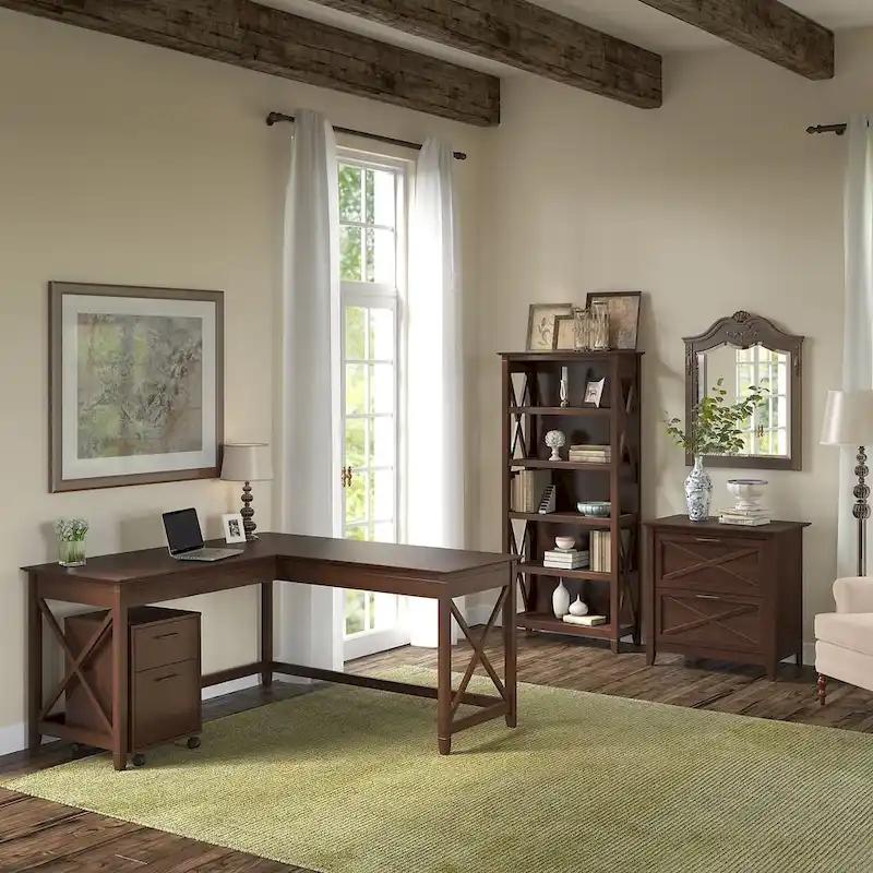 Key West 60W L Desk with File Cabinets and Bookcase by Bush Furniture