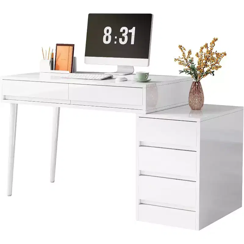 Lantine White Desk with 5 Drawers, Modern Home Office Desk with Storage Drawers and Printer Stand