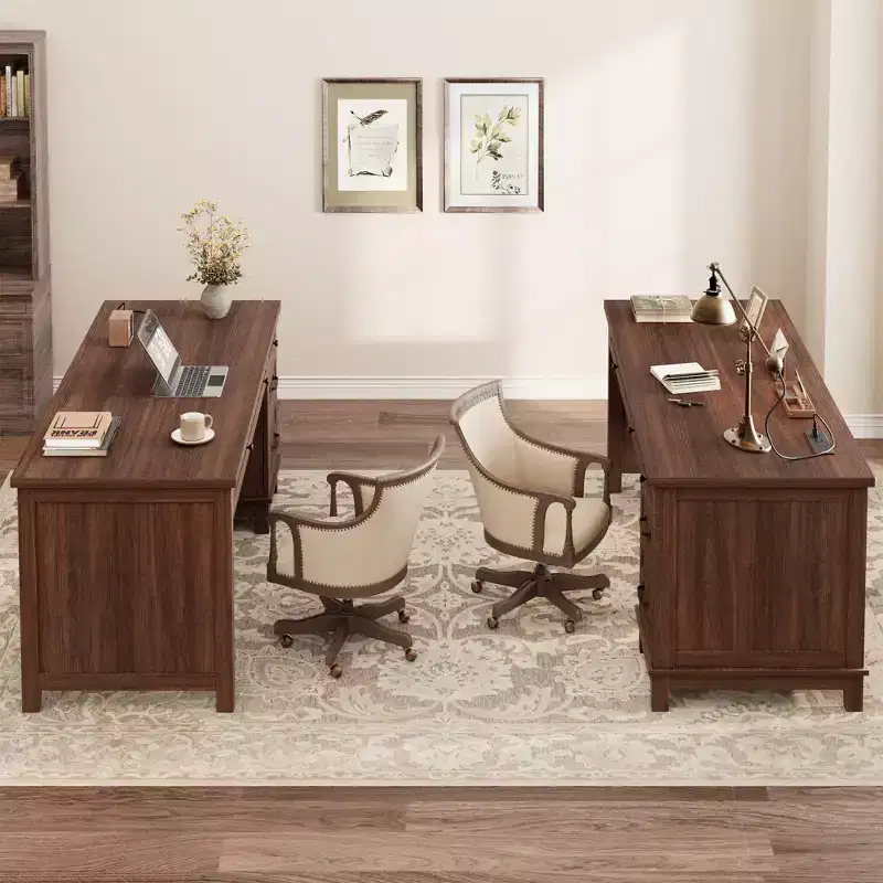 Executive Desk with Drawers, Farmhouse Home Office Desk with Charging Station, 53.54 in Wooden Computer Desk with File Cabinet Storage
