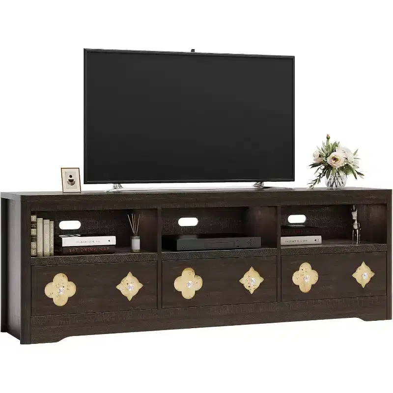 70 Mid Century Modern TV Stand for 85 TV - Carved Drawer Crystal Handles Cable Management 220lbs Capacity MDF Wood Media Center
