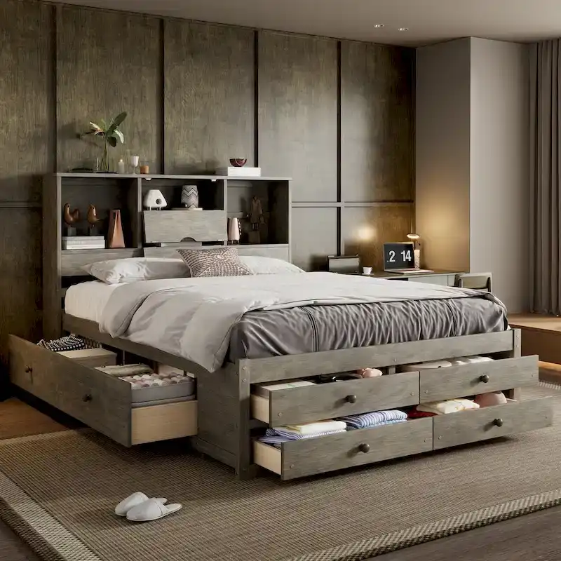 Gray Queen Size Modern Wooden Bed with Storage Headboard and 8 Drawers