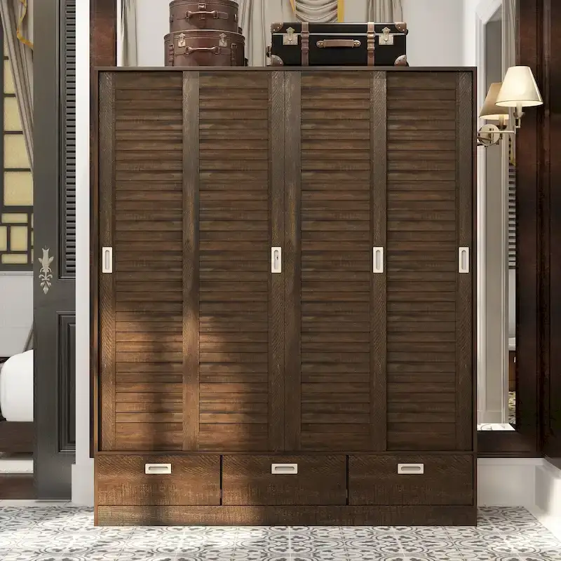 Cabinet Wardrobe Armoire with Drawers, Hanging Rod Brown