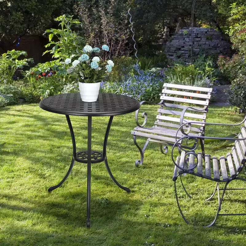 Cast Aluminum Patio Bistro Table, 24 Round Rust-Resistant Outdoor Coffee Table with Umbrella Hole & Frosted Finish for Balcony, Garden, Backyard