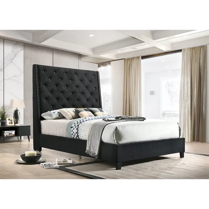Black Velvet Upholstered Tufted Platform Bed | Glam Bedroom Furniture