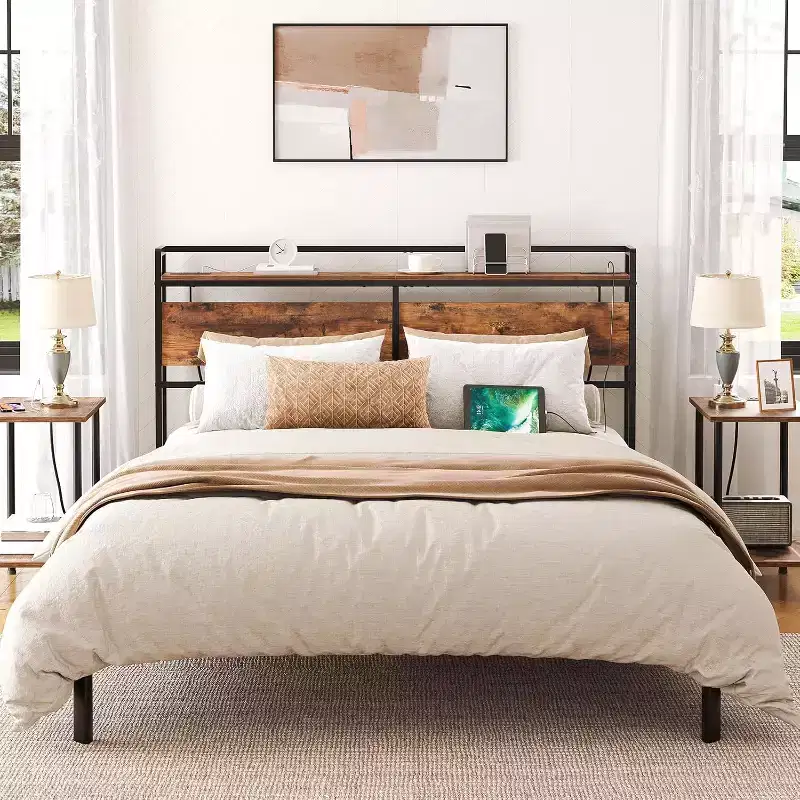 Queen Size Headboard with Charging Station (2 Outlets & 4 USB Ports), Adjustable Height Head Board with Storage Rack