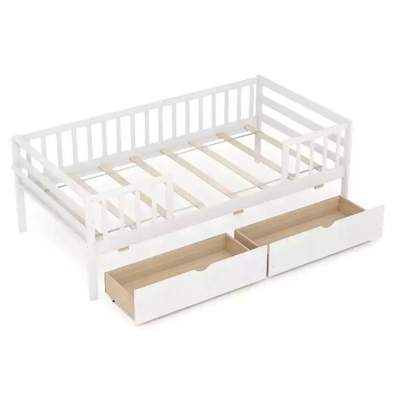 Twin Size Kids Bed w/ Storage Drawers & Side Shelf for Children & Teens