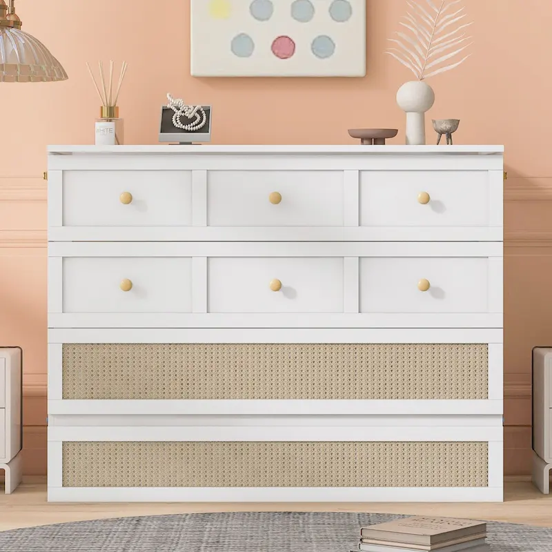 White Queen Size Murphy Bed with Storage Drawers and Rattan Panel Design for 1–2 Person