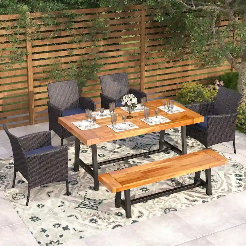 MAISON ARTS 6-Piece Acacia Wood/Rattan Cushioned Patio Dining Set